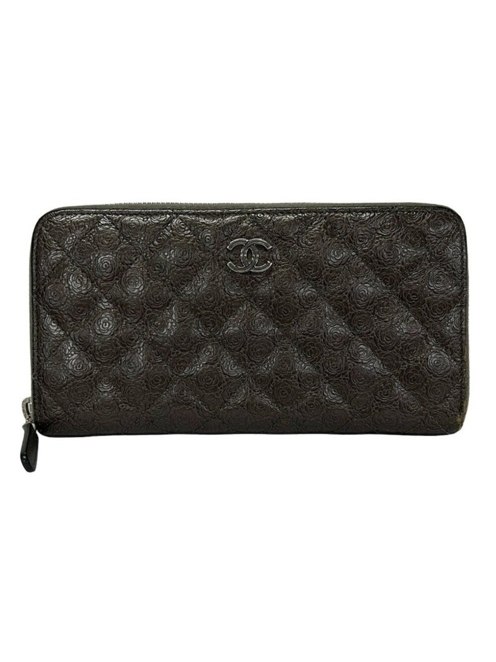 Chanel Wallet Camellia Gray CC Logo Silver Zip Around Leather